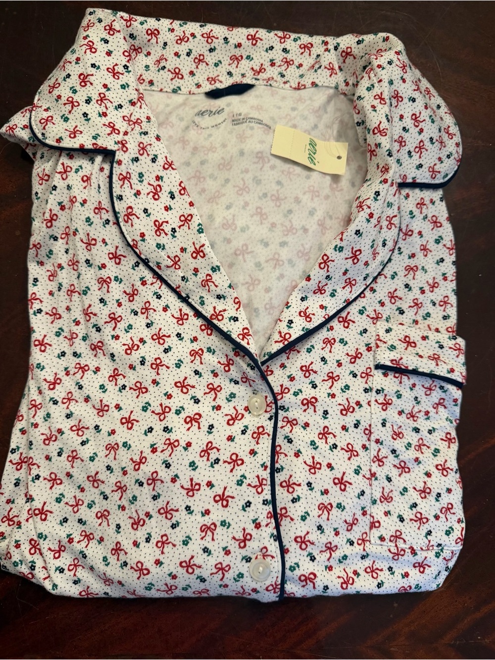 NWT Aerie Overslept Real Soft Pajama Top Large L Muslin Bow Print Piping Sleep